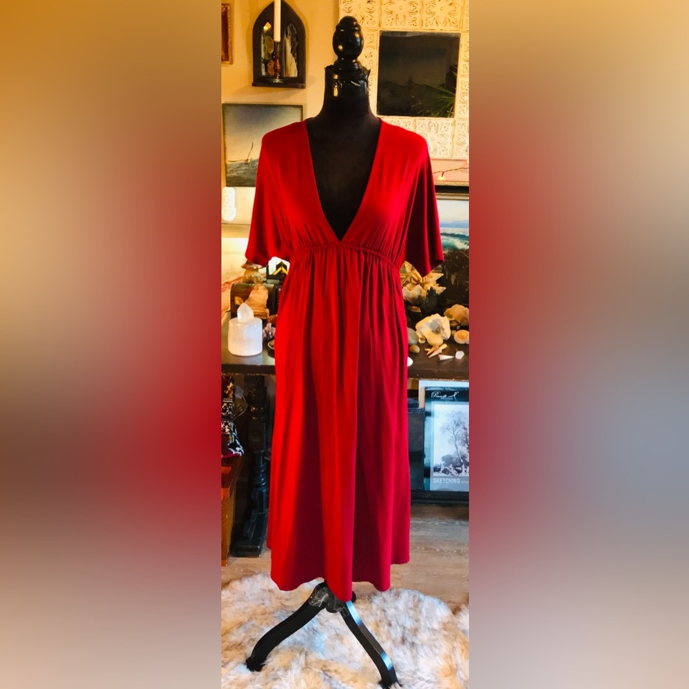 Old Stock Tag SHINE NY Bohemian Unworn Deep Red Passion Fall Plunge Fae Dress M